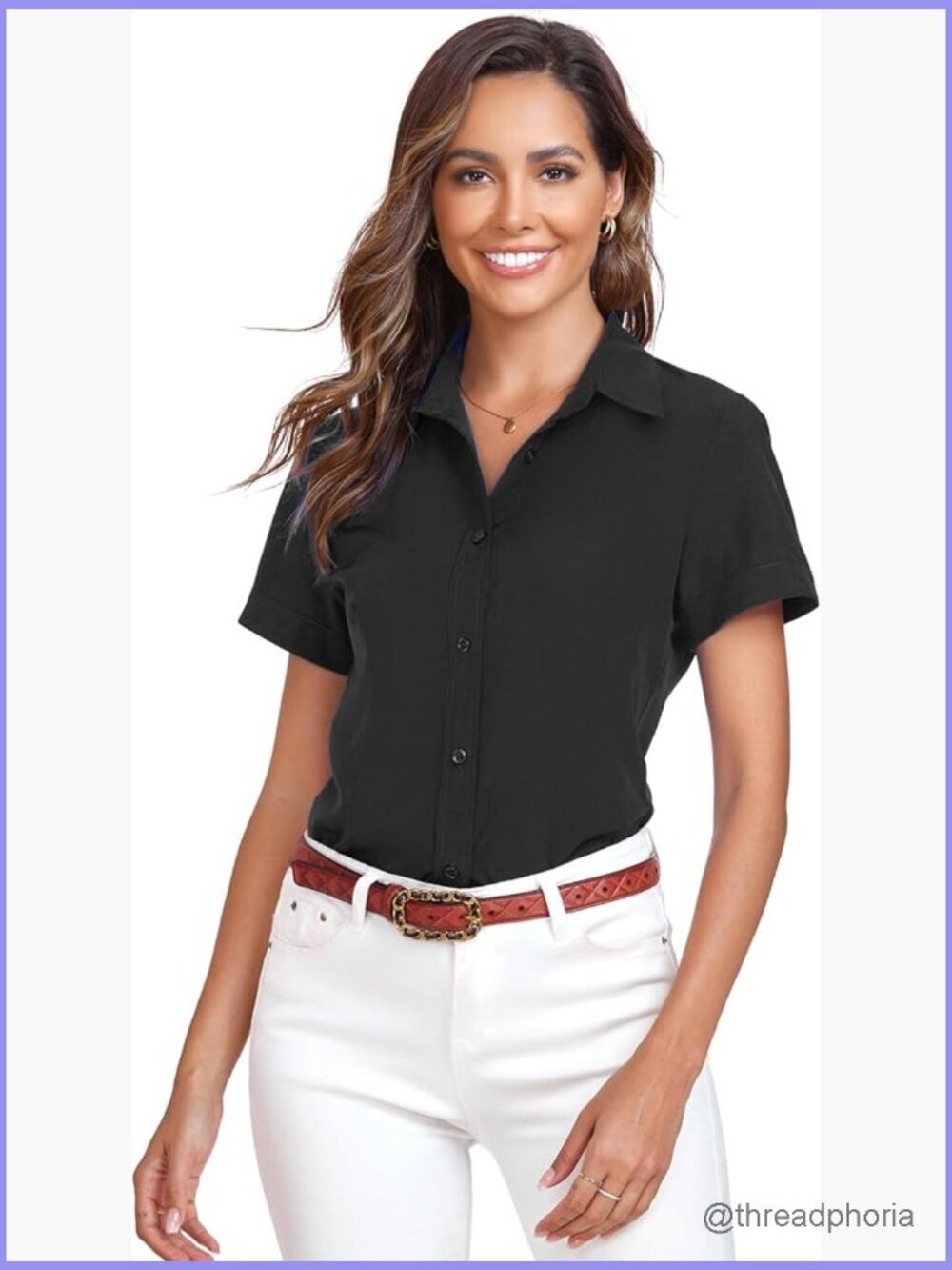 Short Sleeve Button Down Blouse - Slim Fit Business Casual Top